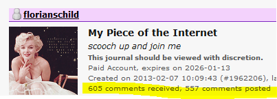 A screenshot of my profile details which displays a highlighted area that reads: 605 comments received, 557 comments posted