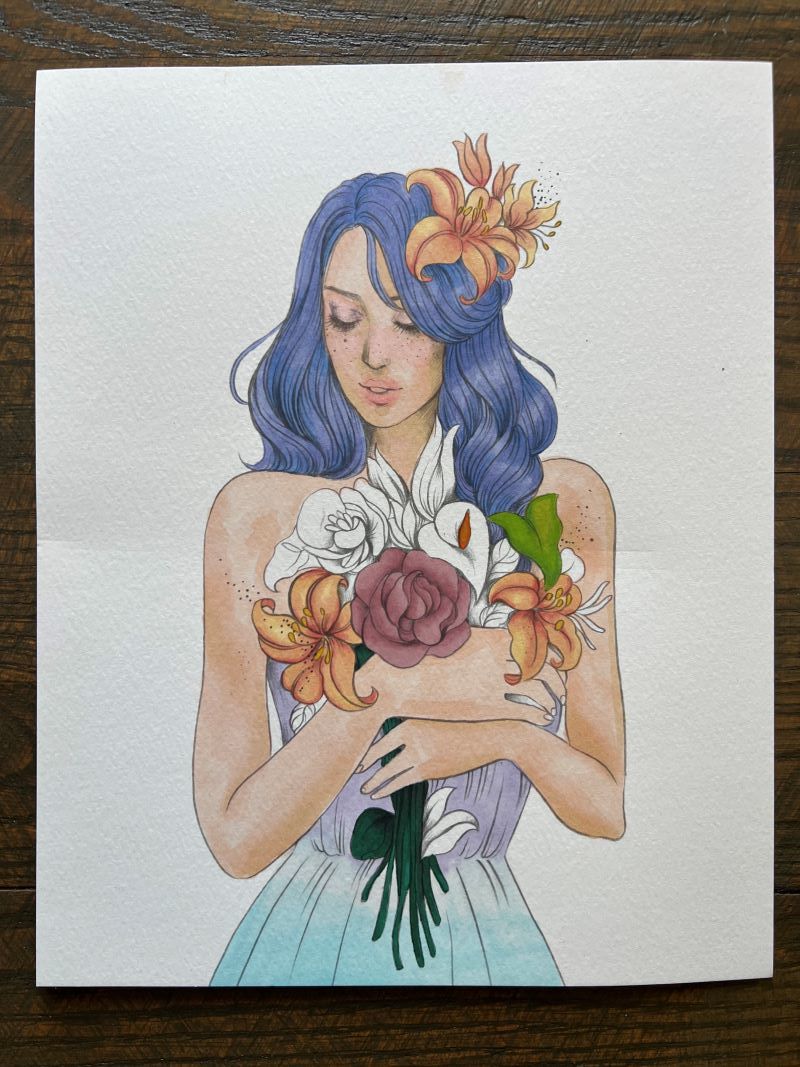 Coloring Page 3 A page from a coloring book that is colored in with alcohol markers. A waist-up portrait of a woman with flowing purple hair clutching a bouquet of orange and dusty pink flowers. Her dress is an ombre purple to pale-blue shade.
