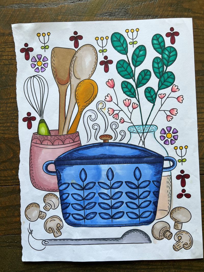 Coloring Page 1 A page from a coloring book that is colored in with alcohol markers. The design is a collage of cottagecore-style kitchen implements and plants).